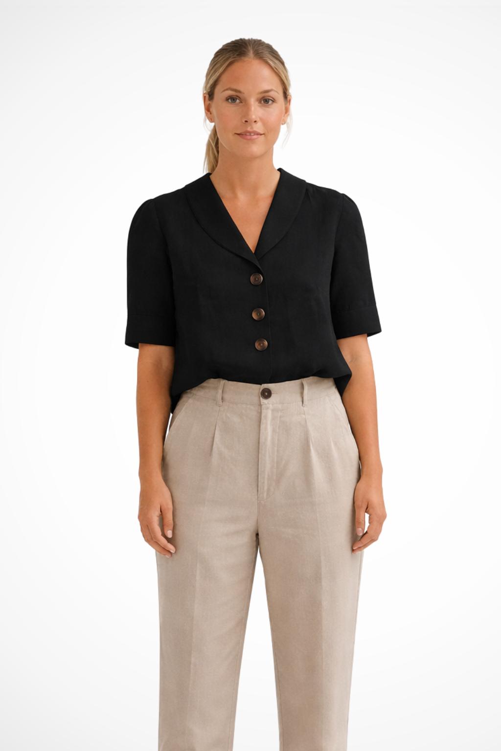 Solène | Women's Linen Blend Blouse – Soft Collar Short Sleeve Top 0