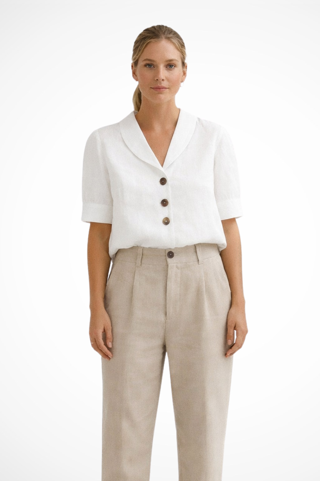 Solène | Women's Linen Blend Blouse – Soft Collar Short Sleeve Top 1