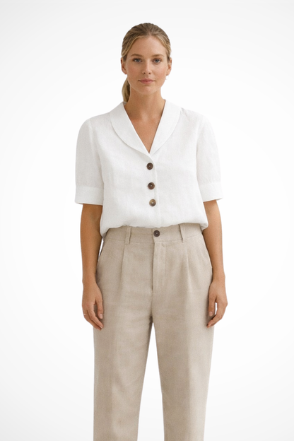 Solène | Women's Linen Blend Blouse – Soft Collar Short Sleeve Top 1