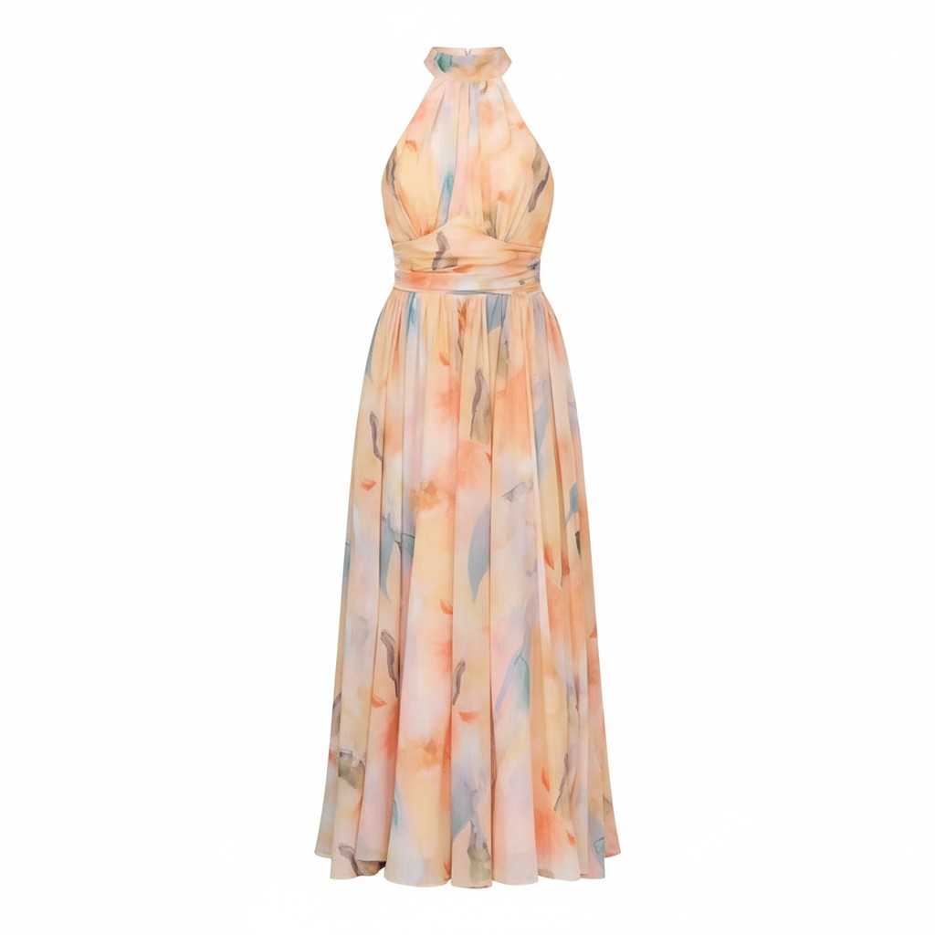 ElegantWear | Women's Dress - Halter Neck A-Line Midi Dress for Summer