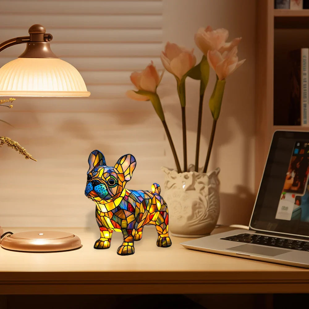 Stained glass look dog table lamp with multicolour mosaic 1