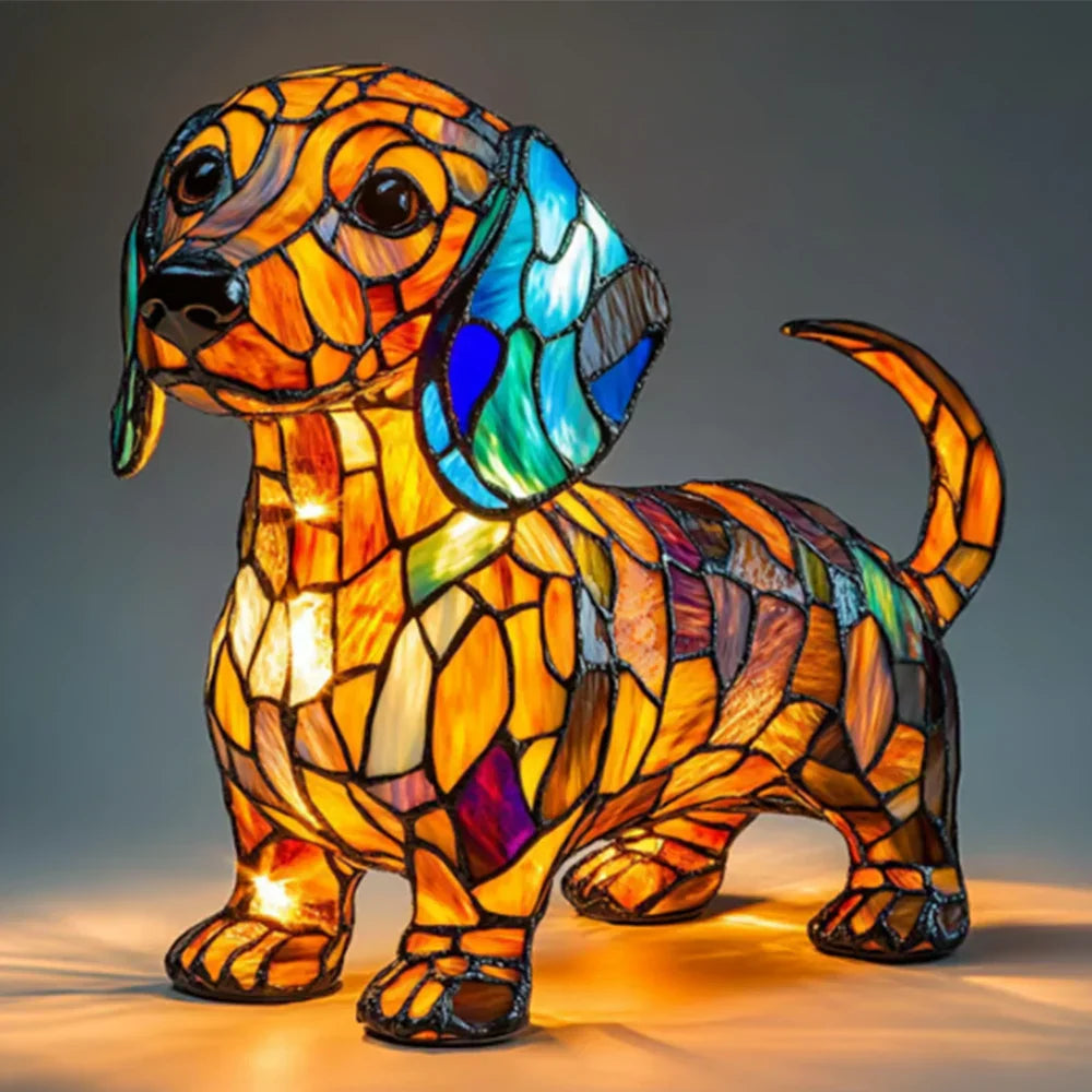 Stained glass look dog table lamp with multicolour mosaic 3