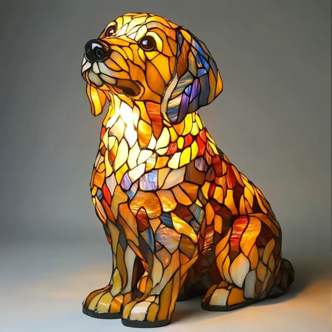 Stained glass look dog table lamp with multicolour mosaic 8