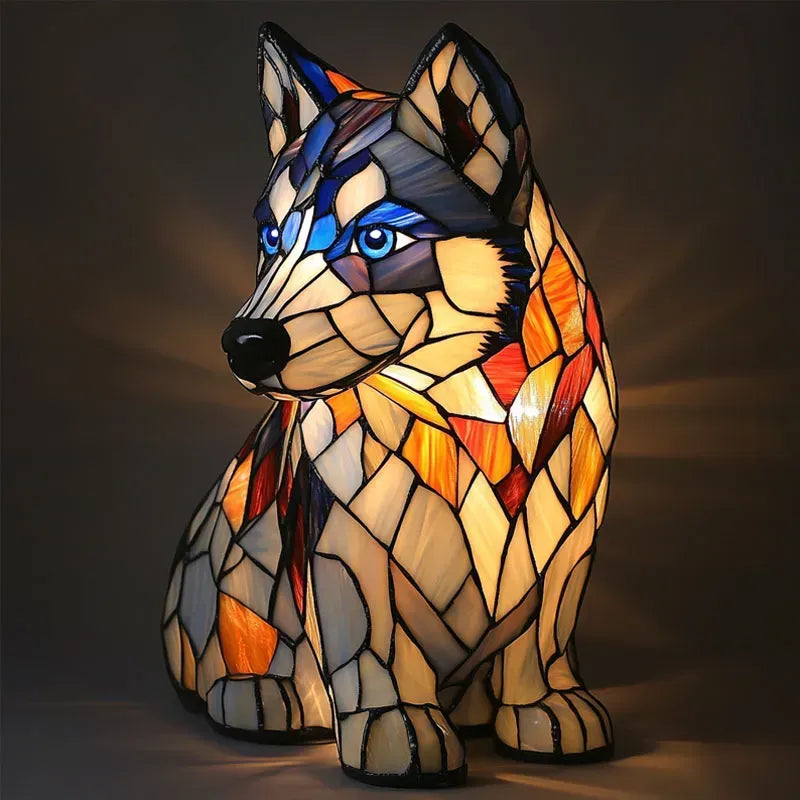 Stained glass look dog table lamp with multicolour mosaic 9
