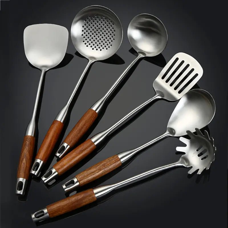 Stainless Steel Kitchen Utensil Set – 6 Piece Ergonomic Wooden Handles
