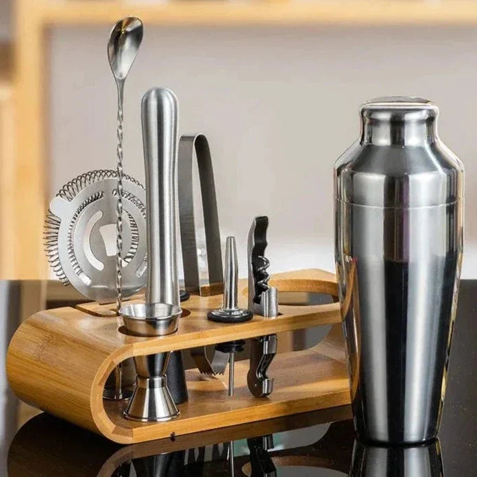 Stainless Steel Cocktail Shaker Set With Bamboo Stand 0