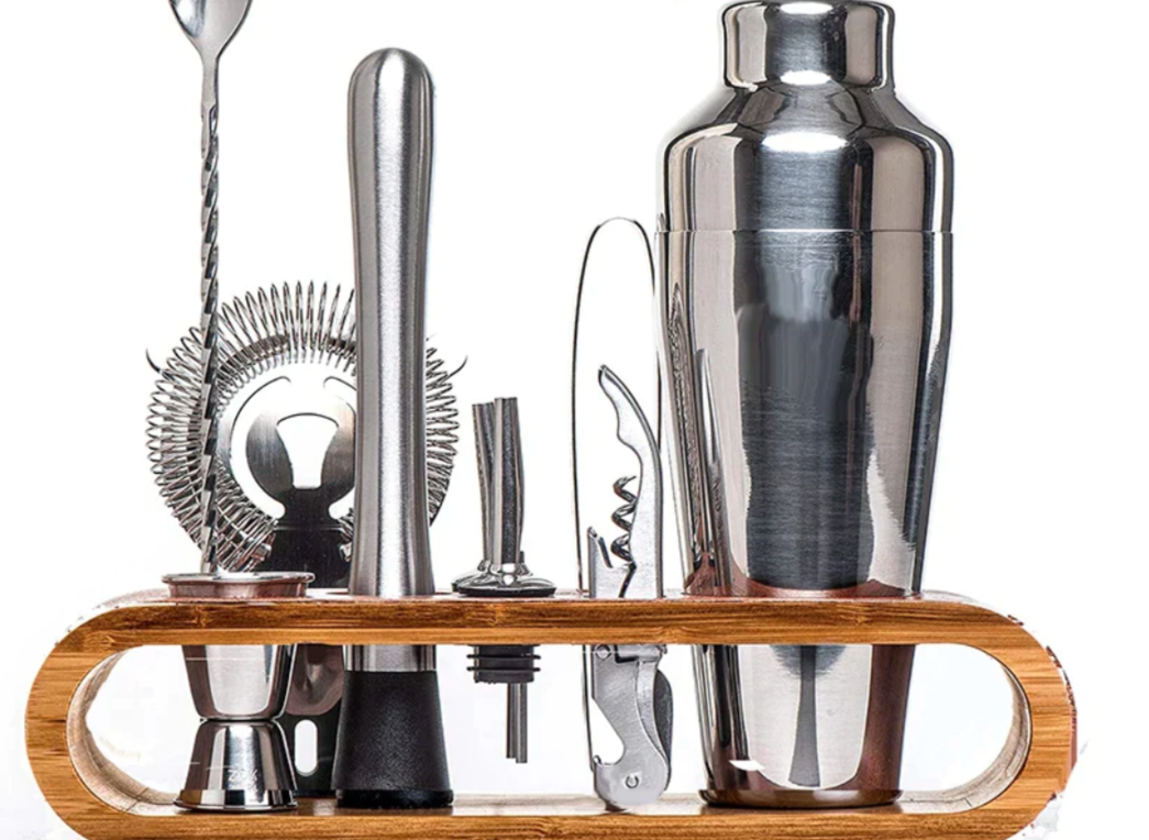 Stainless Steel Cocktail Shaker Set With Bamboo Stand 6