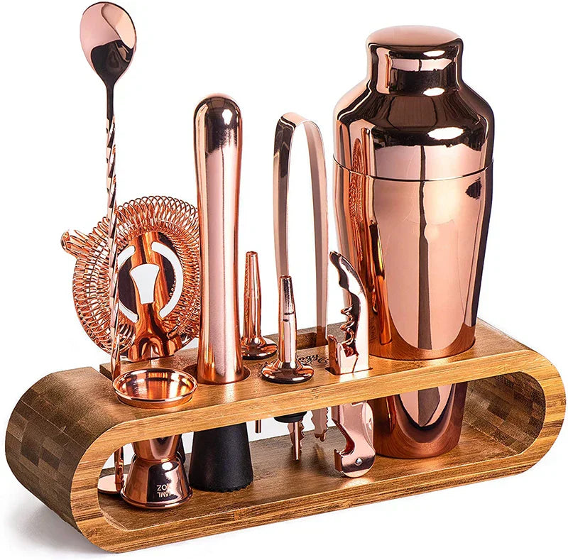 Stainless Steel Cocktail Shaker Set With Bamboo Stand 7