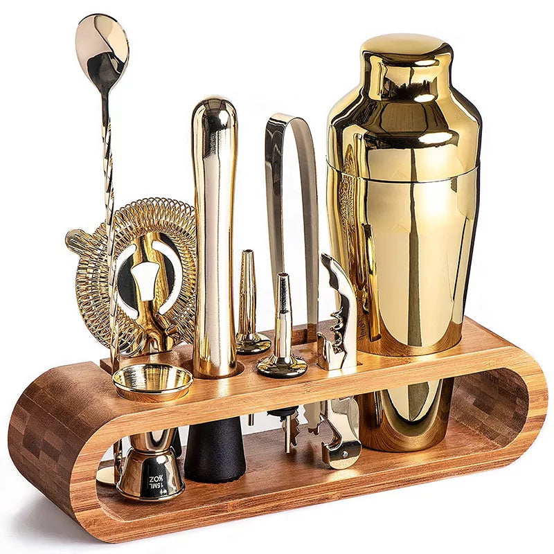 Stainless Steel Cocktail Shaker Set With Bamboo Stand 8