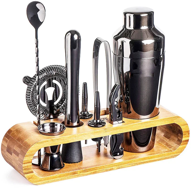 Stainless Steel Cocktail Shaker Set With Bamboo Stand 9