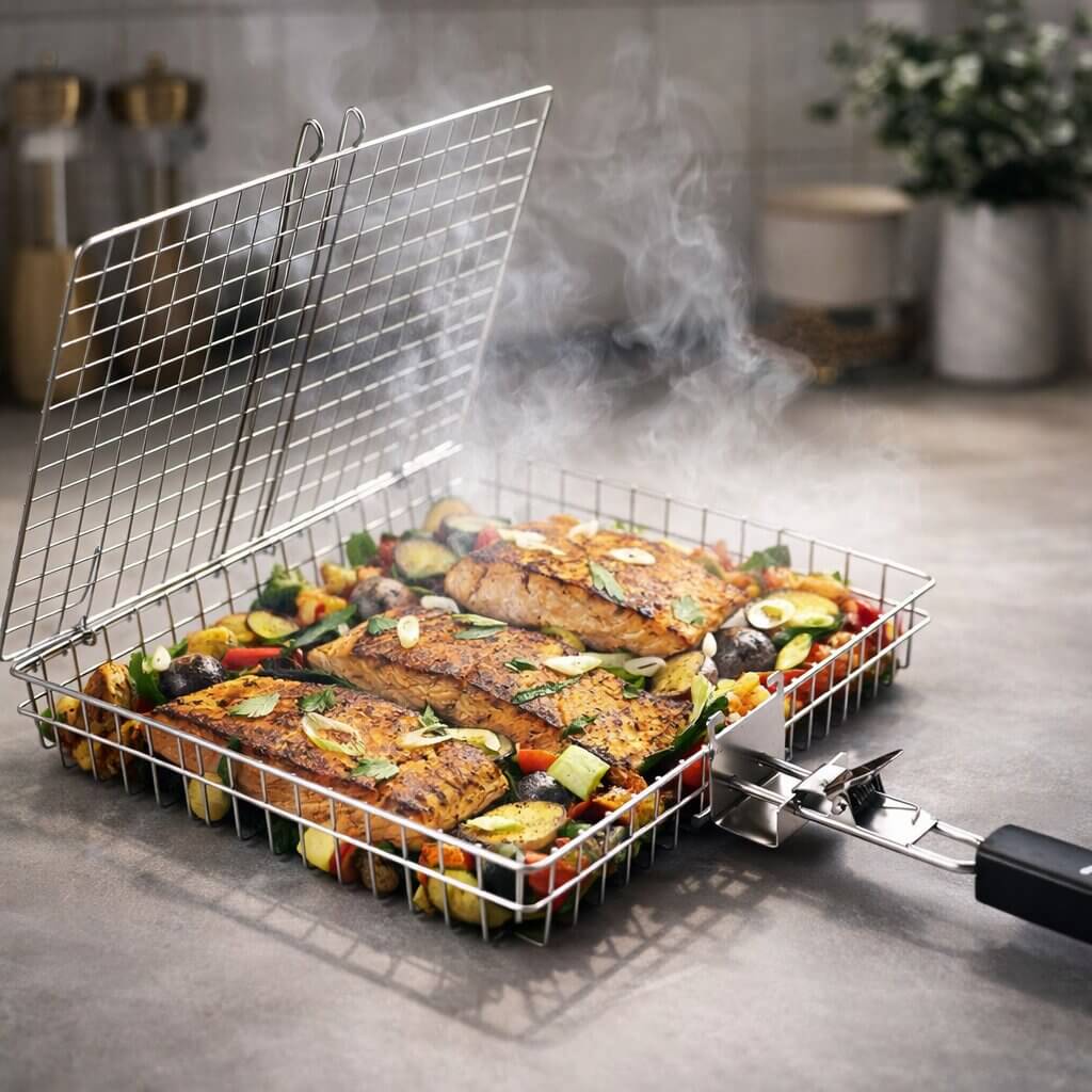 Stainless Steel Grill Basket | Hinged Basket With Long Handle