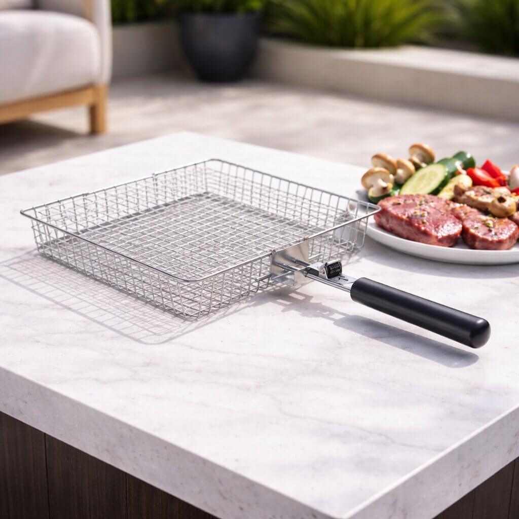 Stainless Steel Grill Basket | Hinged Basket With Long Handle