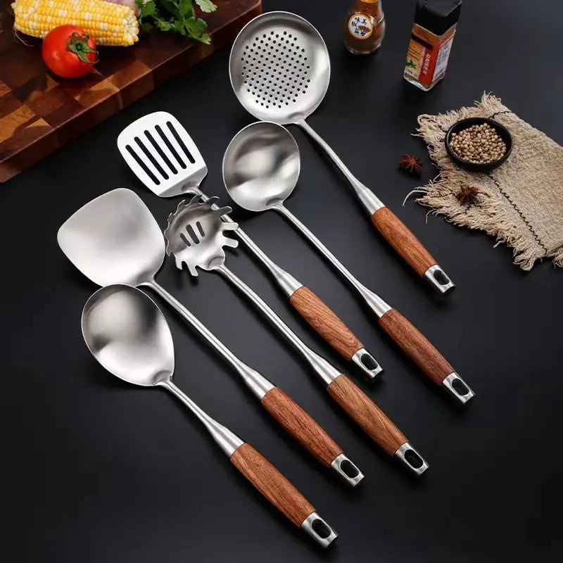 Stainless Steel Kitchen Utensil Set – 6 Piece Ergonomic Wooden Handles
