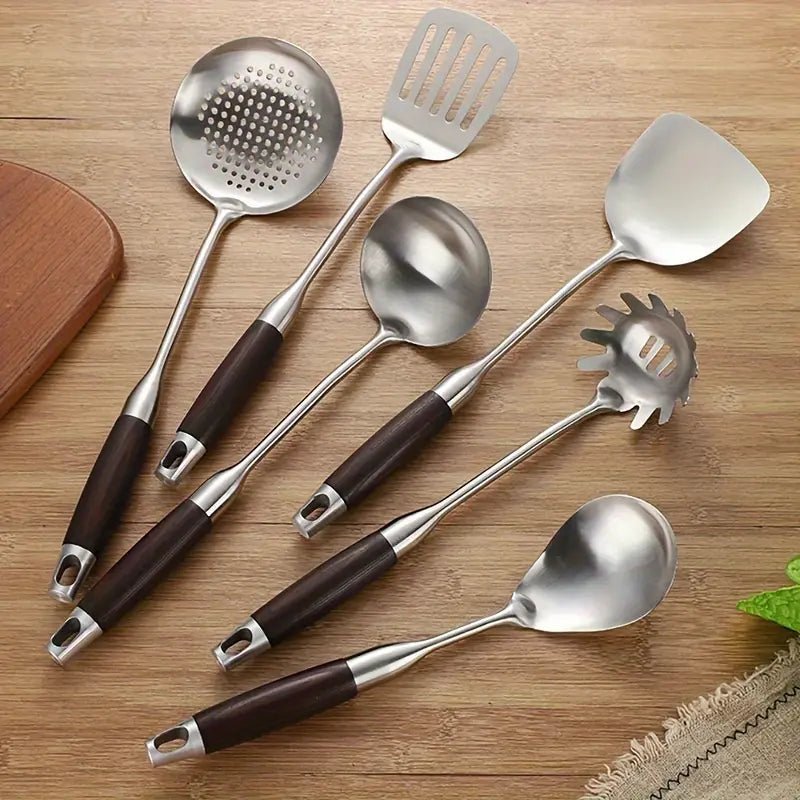 Stainless Steel Kitchen Utensil Set – 6 Piece Ergonomic Wooden Handles