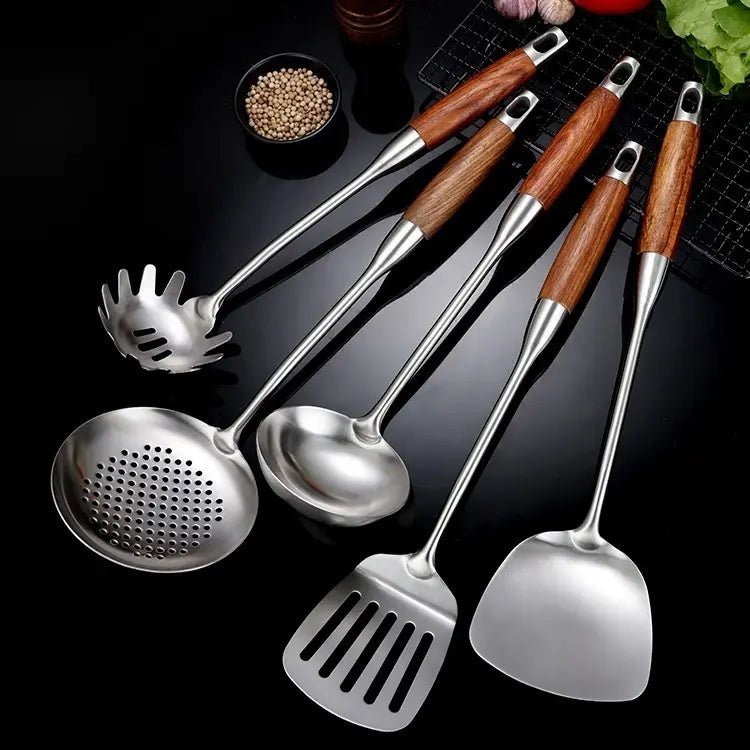 Stainless Steel Kitchen Utensil Set – 6 Piece Ergonomic Wooden Handles