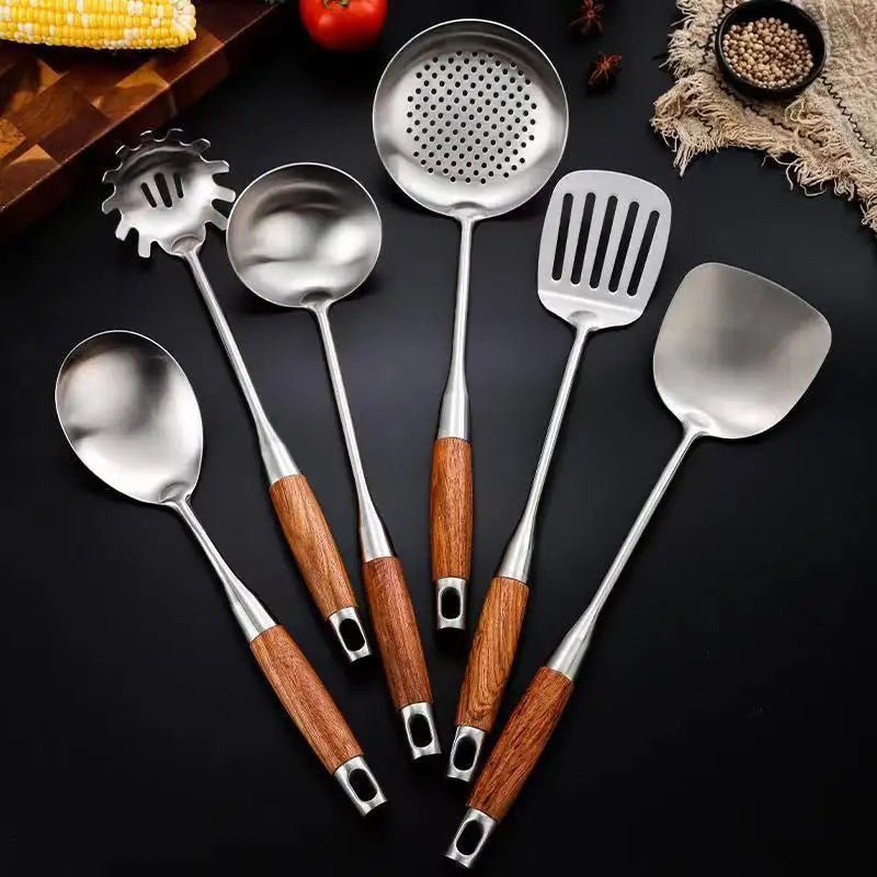 Stainless Steel Kitchen Utensil Set – 6 Piece Ergonomic Wooden Handles