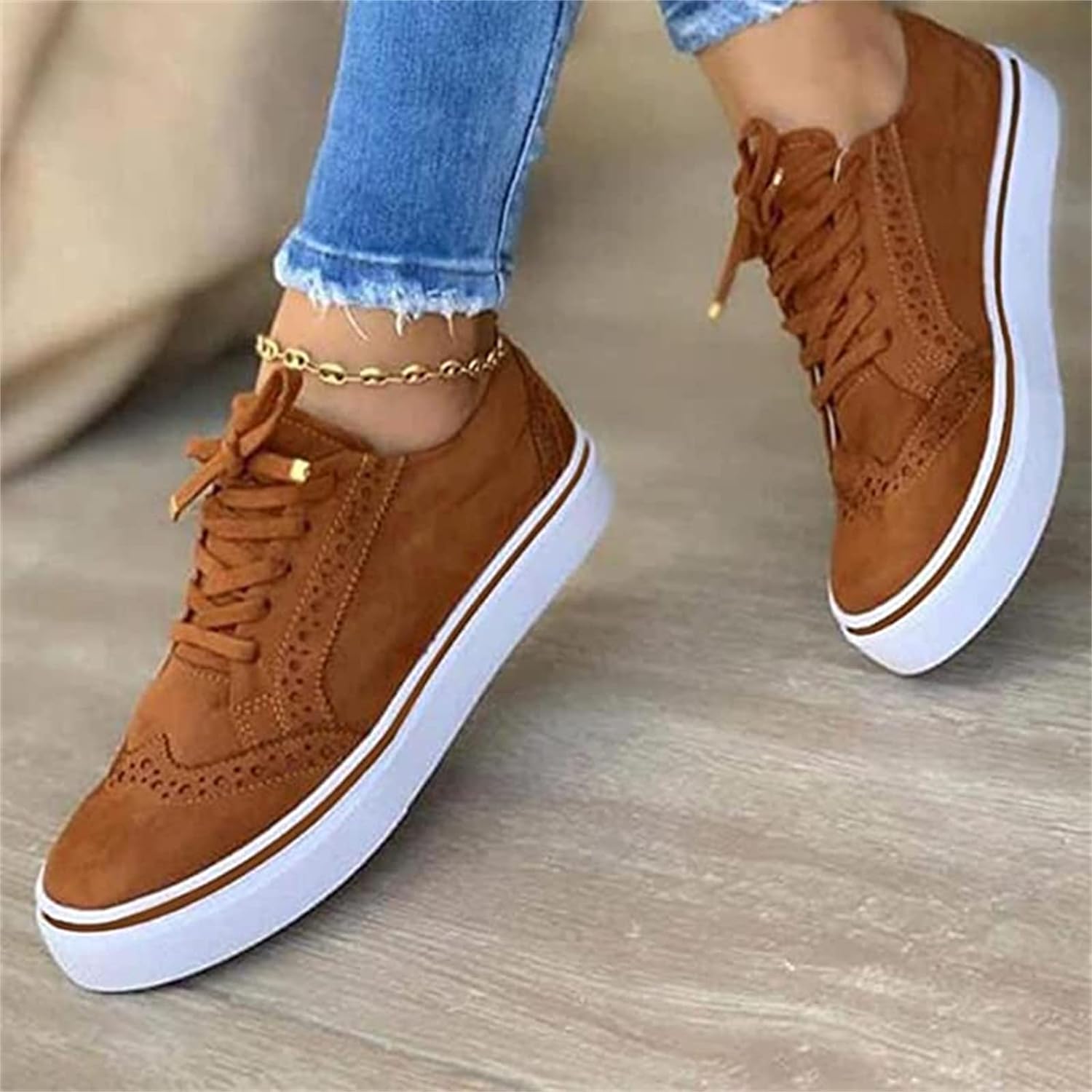 Stella | Lace-Up Platform Sneakers - Women's Brogue Flat Shoe, PU Upper