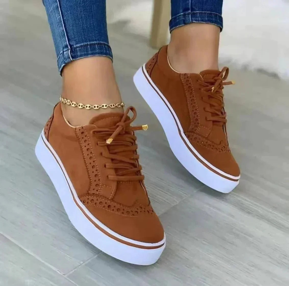 Stella | Lace-Up Platform Sneakers - Women's Brogue Flat Shoe, PU Upper