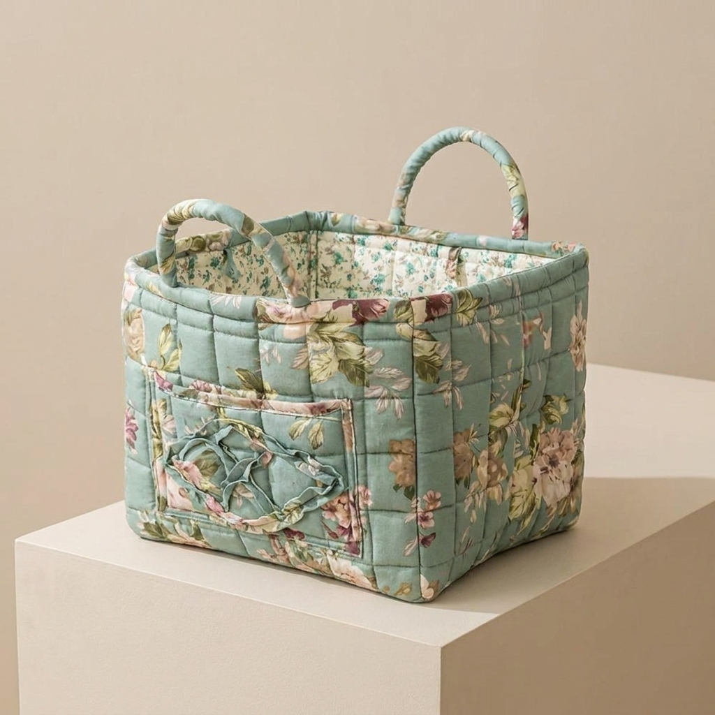 Storage Basket, Quilted Floral Design, Dual Carry Handles, Open Top 1