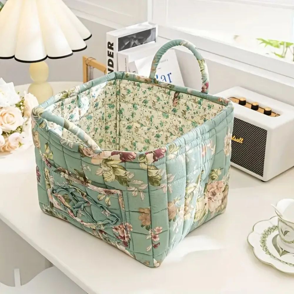 Storage Basket, Quilted Floral Design, Dual Carry Handles, Open Top 2