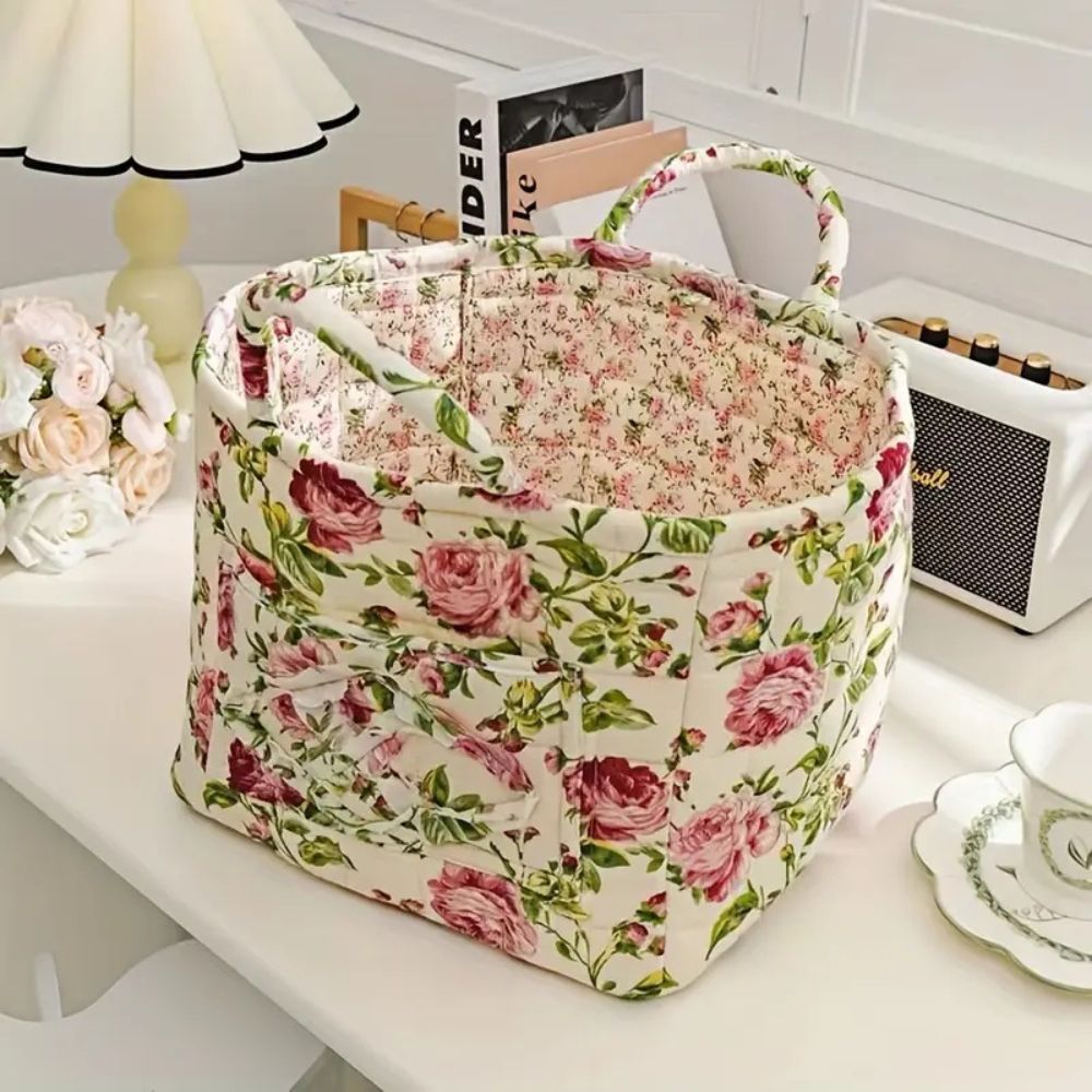 Storage Basket, Quilted Floral Design, Dual Carry Handles, Open Top 3