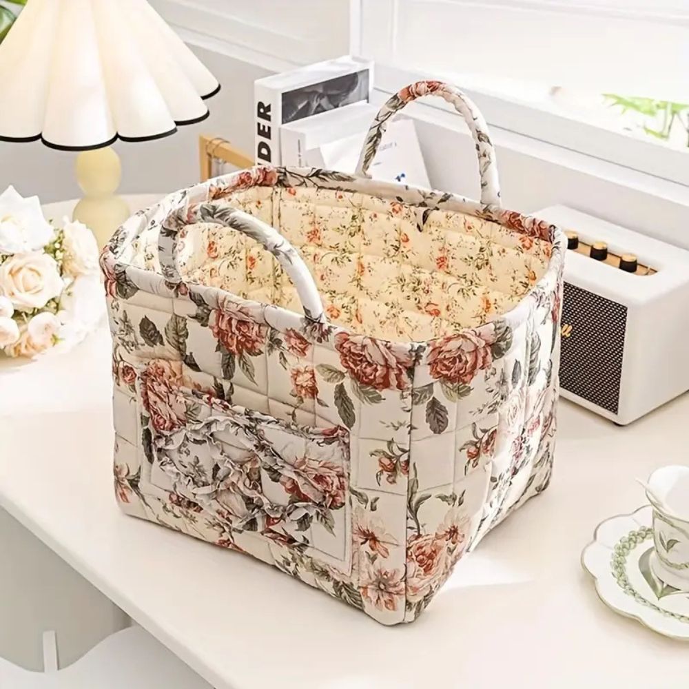 Storage Basket, Quilted Floral Design, Dual Carry Handles, Open Top 4