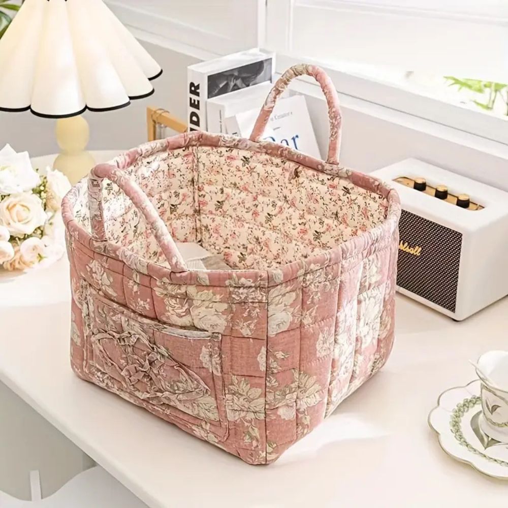 Storage Basket, Quilted Floral Design, Dual Carry Handles, Open Top 5