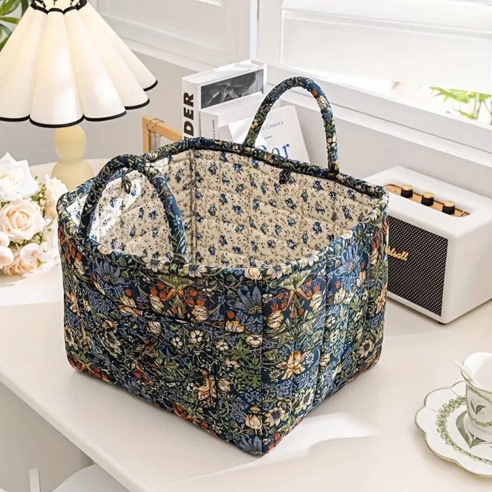 Storage Basket, Quilted Floral Design, Dual Carry Handles, Open Top 9