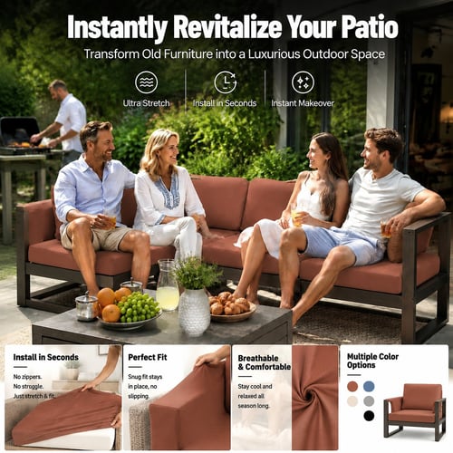 Stretch Cushion Covers Polyester | Fits Most Outdoor Cushions, Set of 4 | Elastic Hem Stops Slipping & Sliding