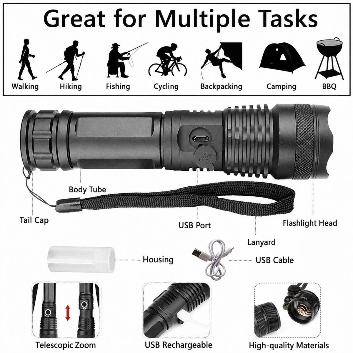 Super Bright Flashlight | Zoomable Rechargeable Torch