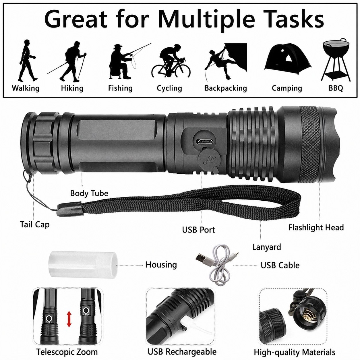 Super-Bright Flashlight – Aluminum, 90,000 Lumens, Waterproof for Outdoor and Adventure Activities 7