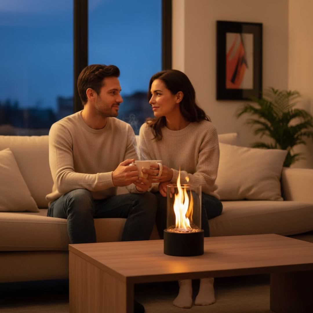 Tabletop Bioethanol Fireplace | Cylinder Shield, Round Base
