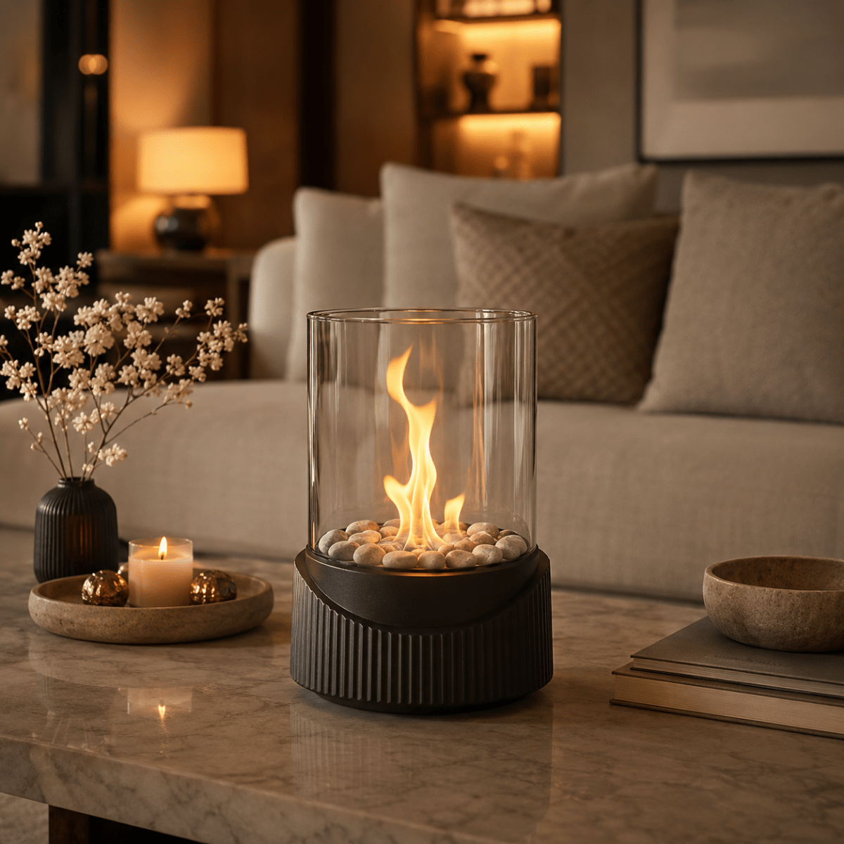 Tabletop Fireplace | Ribbed Base With A Clear Surround
