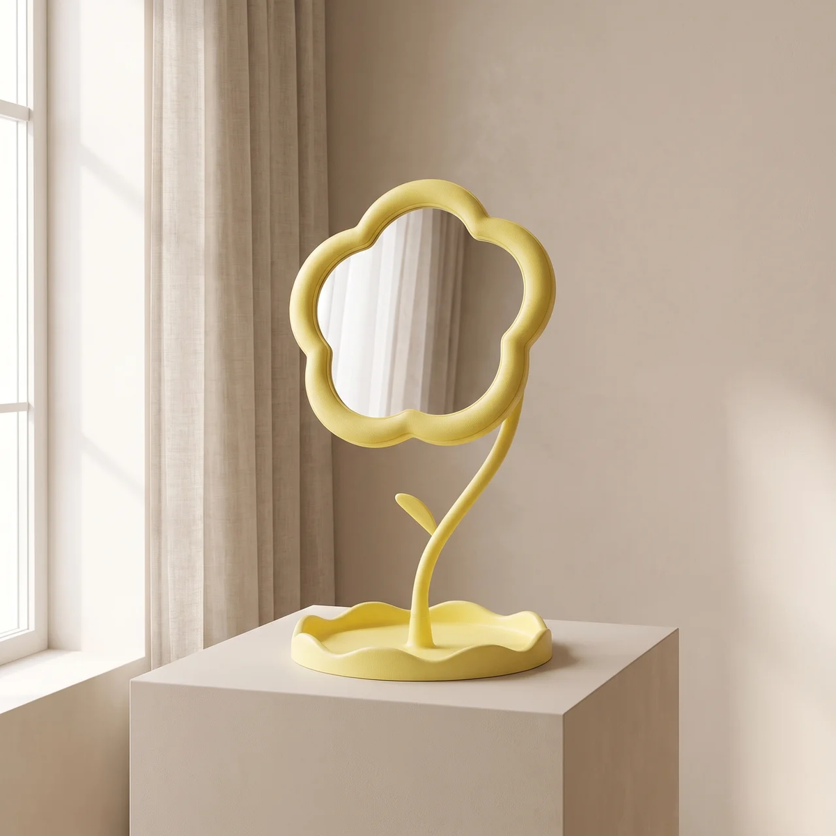 Tabletop Vanity Mirror | Flower Frame, Scalloped Tray Base