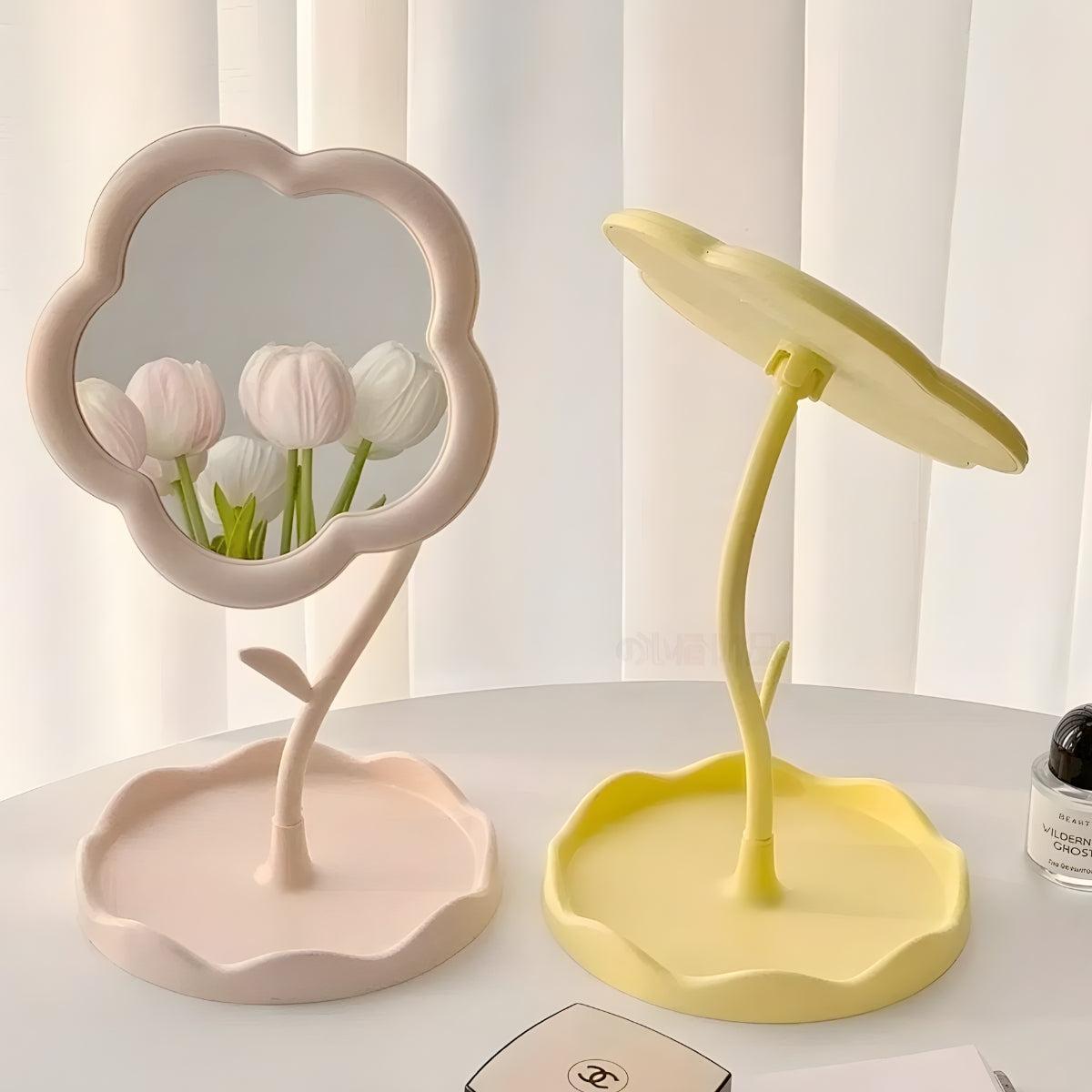 Tabletop Vanity Mirror | Flower Frame, Scalloped Tray Base