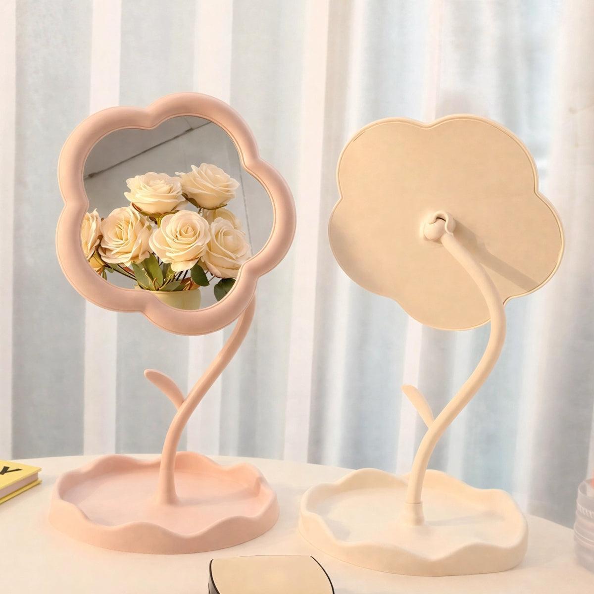 Tabletop Vanity Mirror | Flower Frame, Scalloped Tray Base
