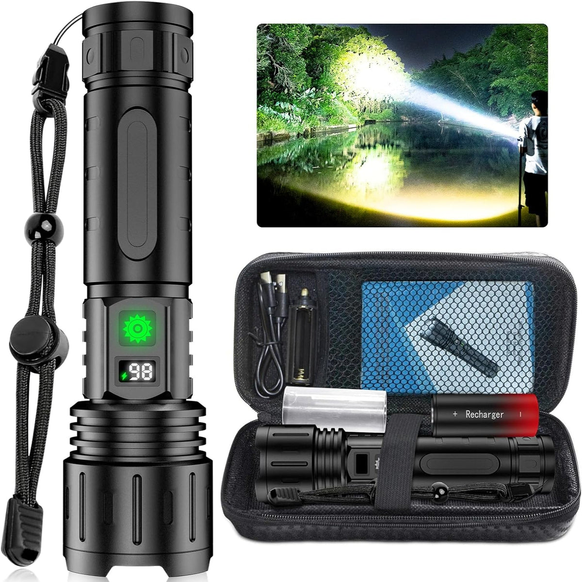 Tactical LED Flashlight Rechargeable | 100000 Lumen Zoomable Torch | 5000mAh Power Bank, IPX5 Waterproof for Camping & Emergencies