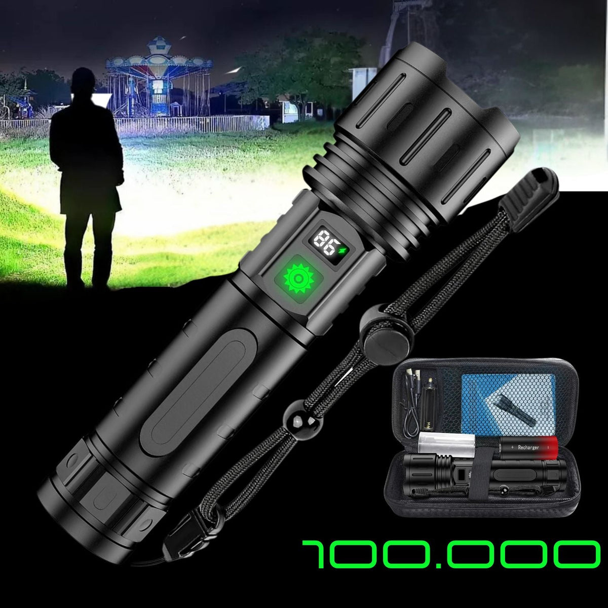 Tactical LED Flashlight Rechargeable | 100000 Lumen Zoomable Torch | 5000mAh Power Bank, IPX5 Waterproof for Camping & Emergencies