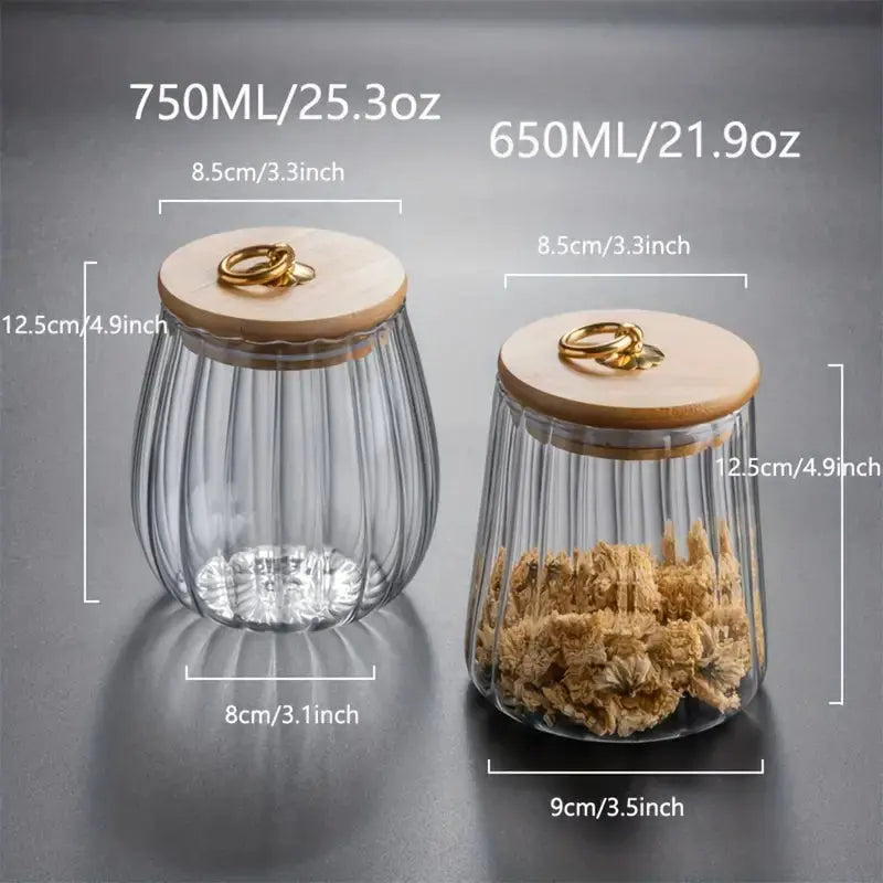 Tea Storage Jar | Ribbed Glass Jar with Sealed Wooden Lid