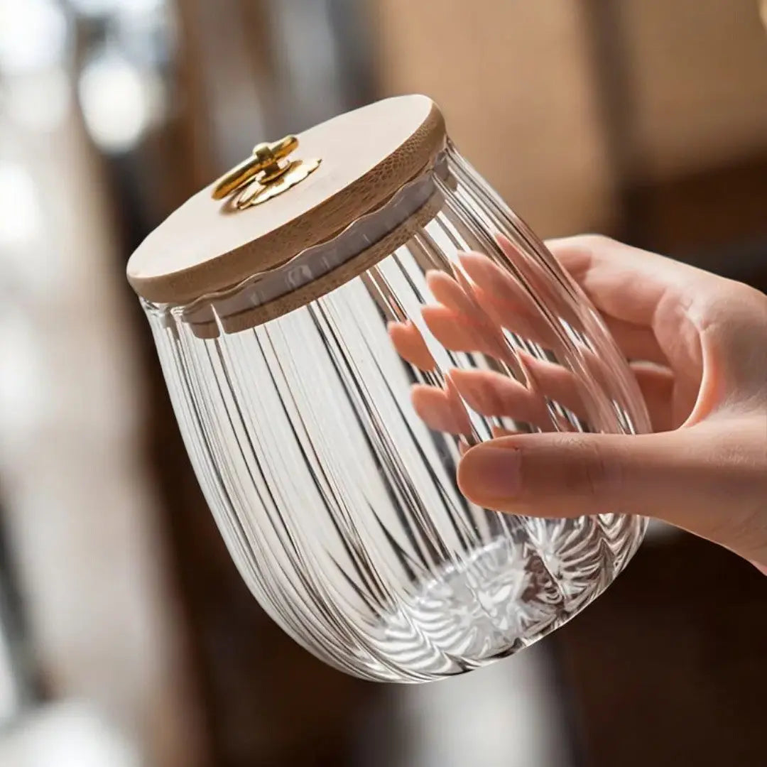 Tea Storage Jar | Ribbed Glass Jar with Sealed Wooden Lid