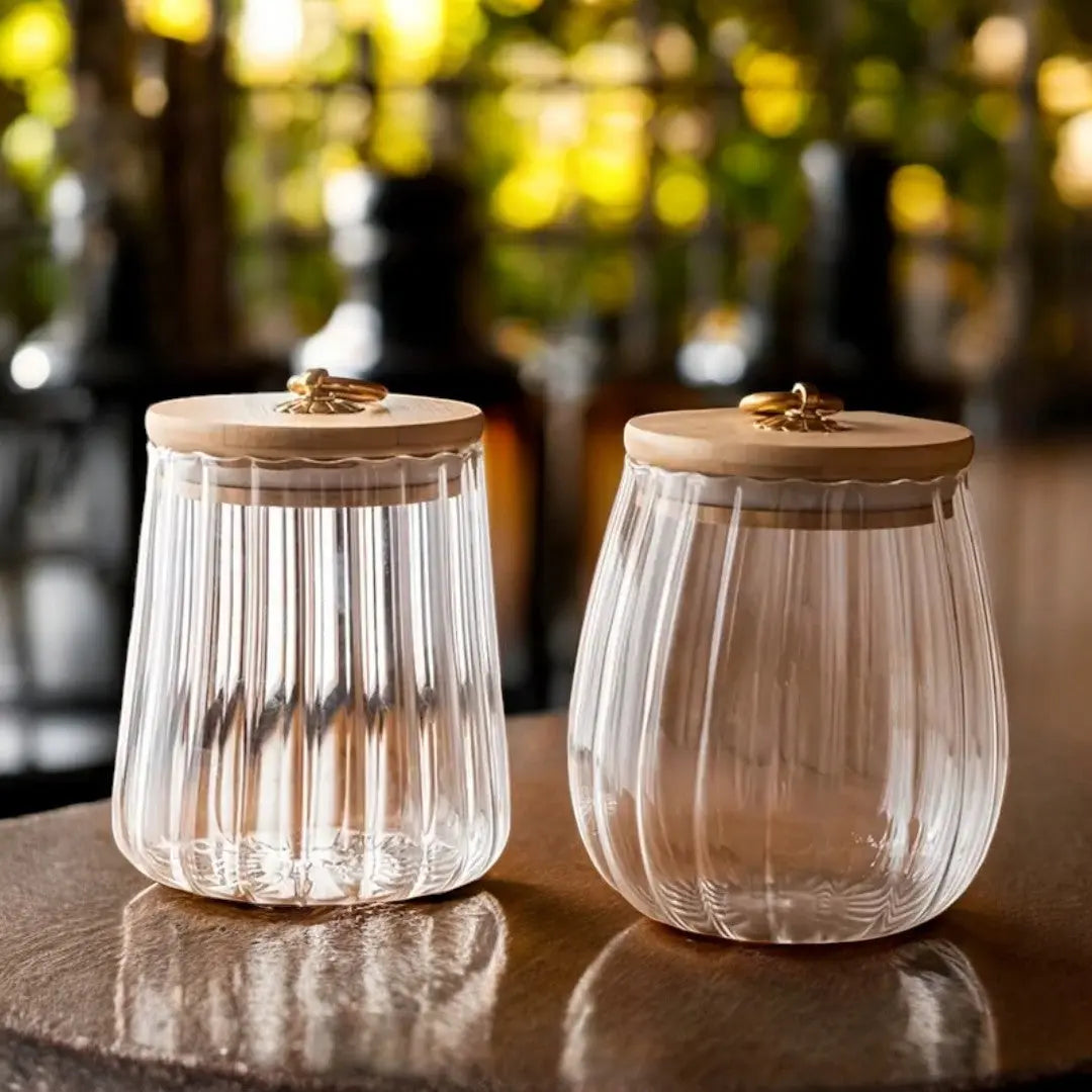 Tea Storage Jar | Ribbed Glass Jar with Sealed Wooden Lid
