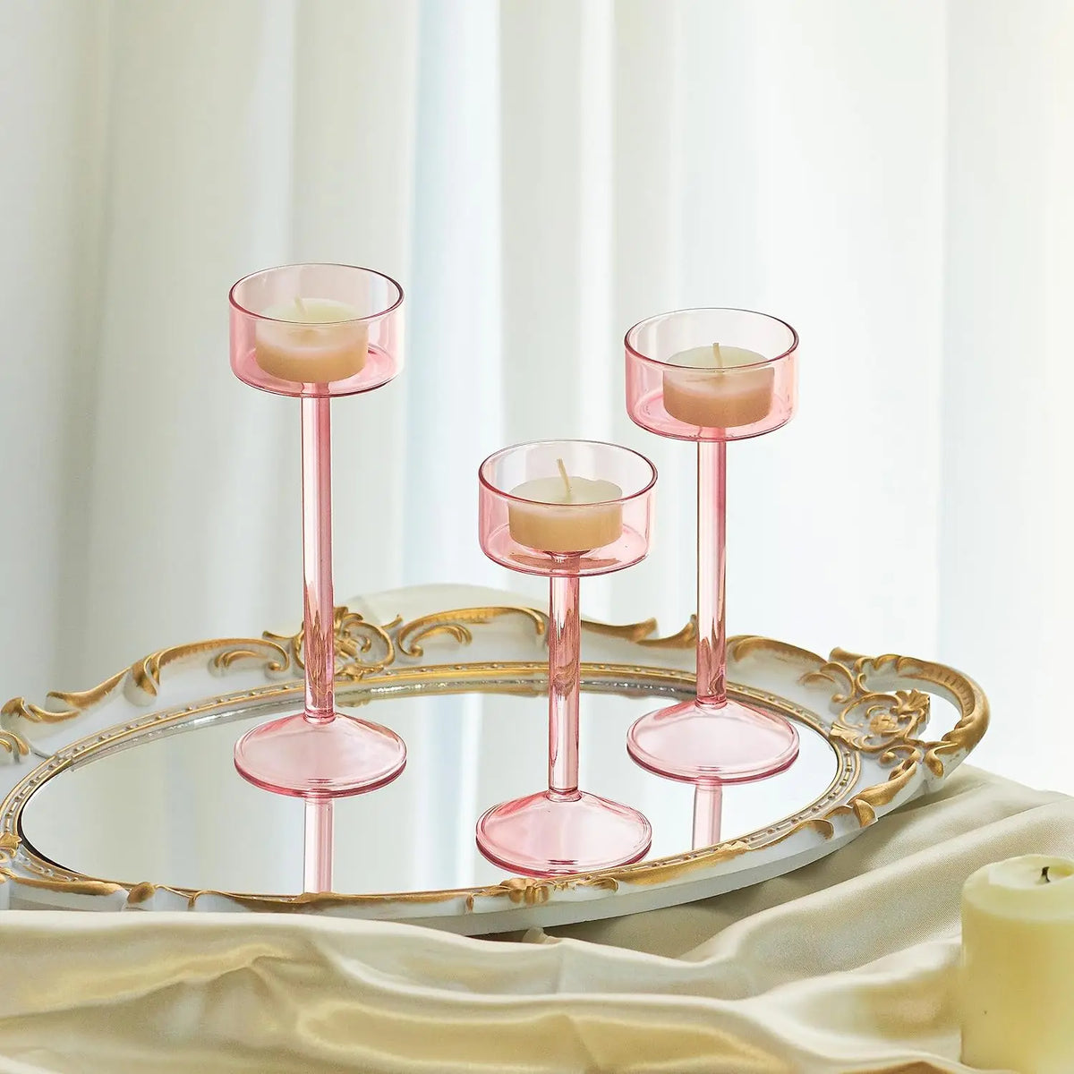 Tealight Glass Candle Holder Set 3-Piece | Wedding Centrepiece & Home Decor | Reflects Light for Table or Mantel