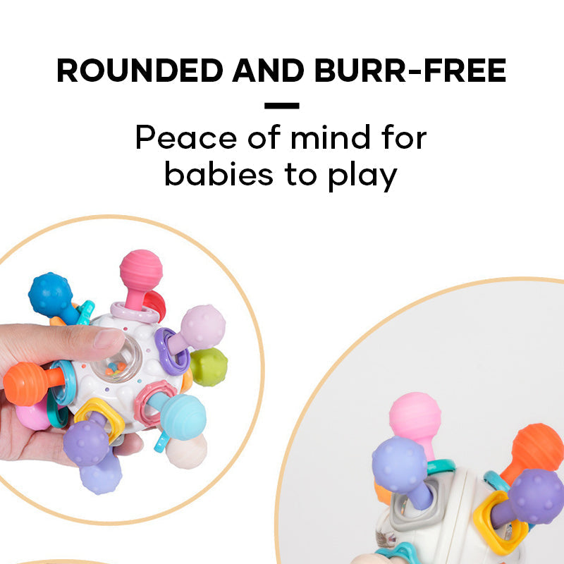 Teething Rattle Toy Silicone & Plastic | 12 Textured Chew Points, Crackle Sound | BPA-Free Sensory Toy for Babies