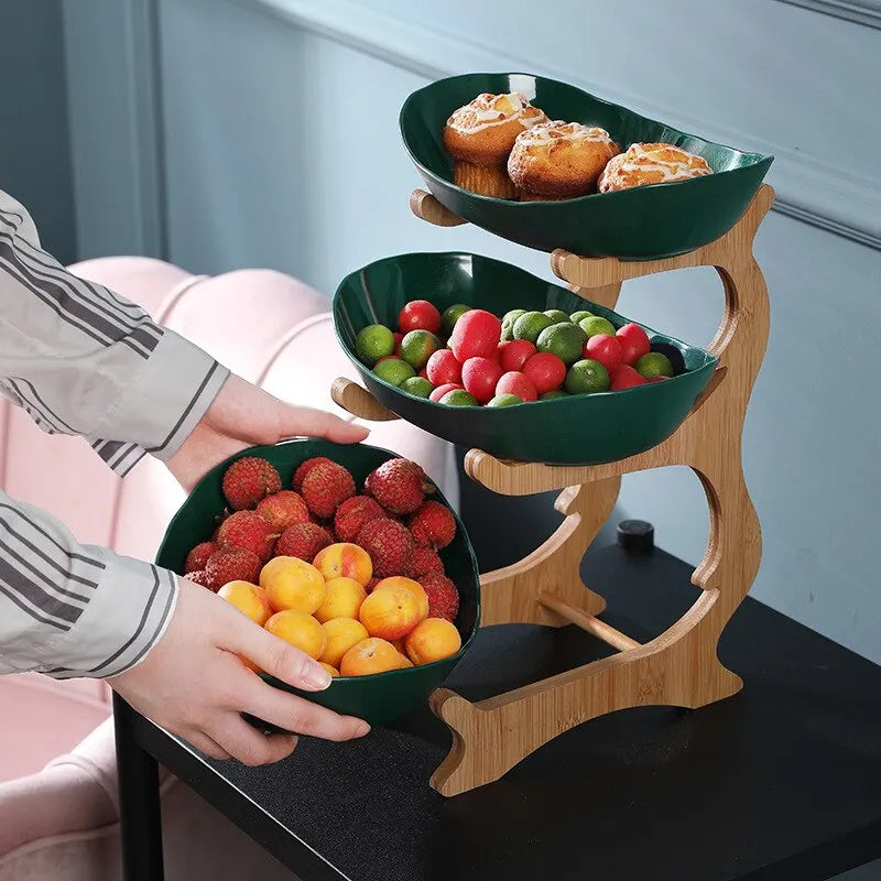 Tiered Fruit Stand, Bamboo Frame, Oval Bowl Design 2