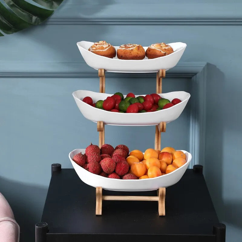 Tiered Fruit Stand, Bamboo Frame, Oval Bowl Design 3