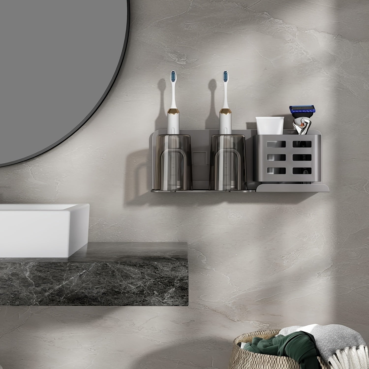 Toothbrush Holder | Two Upright Cups, Slotted Side Basket