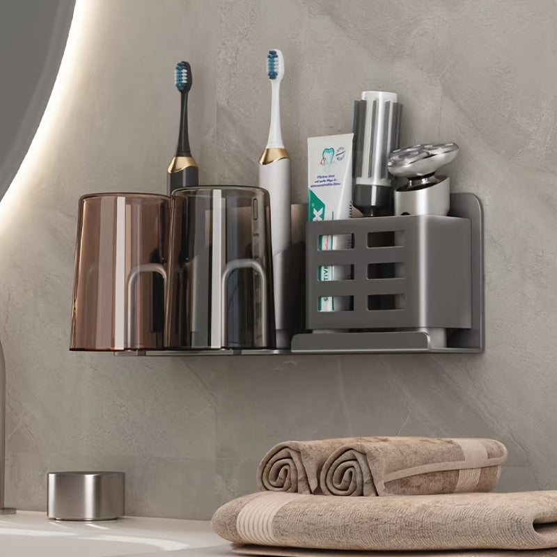 Toothbrush Holder | Two Upright Cups, Slotted Side Basket