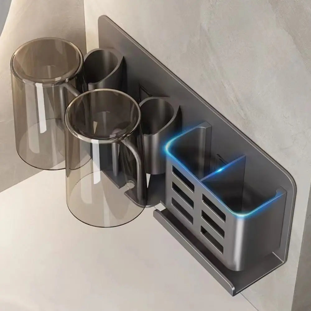 Toothbrush Holder | Two Upright Cups, Slotted Side Basket