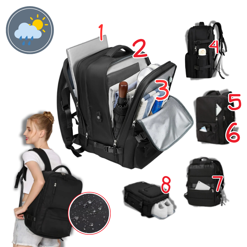 Travel Backpack – Water-repellent nylon, 35L, with USB port and shoe compartment, for everyday use and adventures 2
