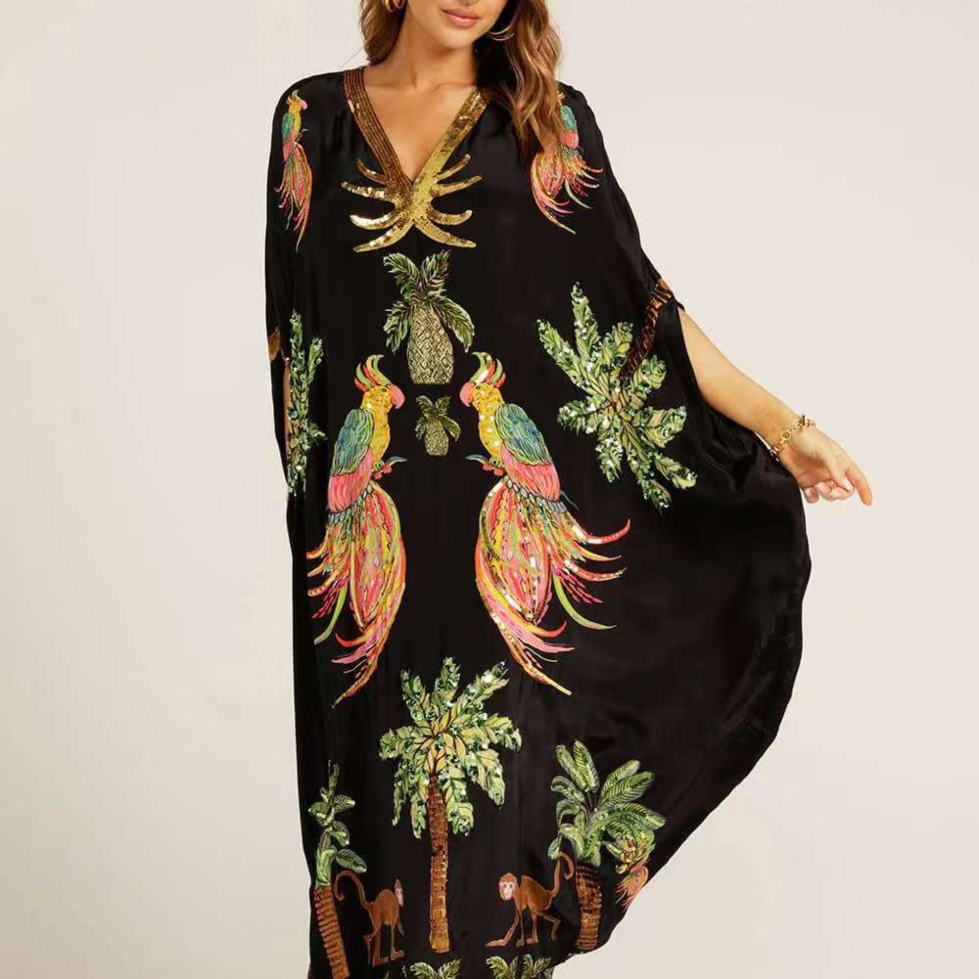 TropicalVibe | Women's Dress - Loose Fit Ankle-Length Kaftan in Tropical Print